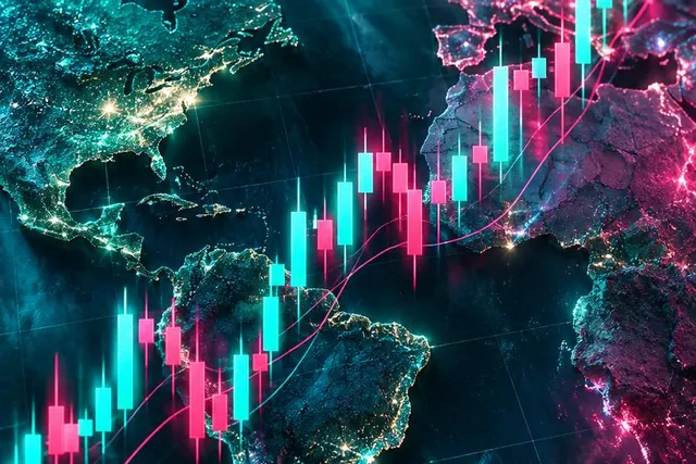 Grafik candlestick berwarna di atas peta dunia, melambangkan pasar valuta asing lintas benua